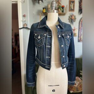 Miss Me Dark Blue Denim Jacket with White Stitching